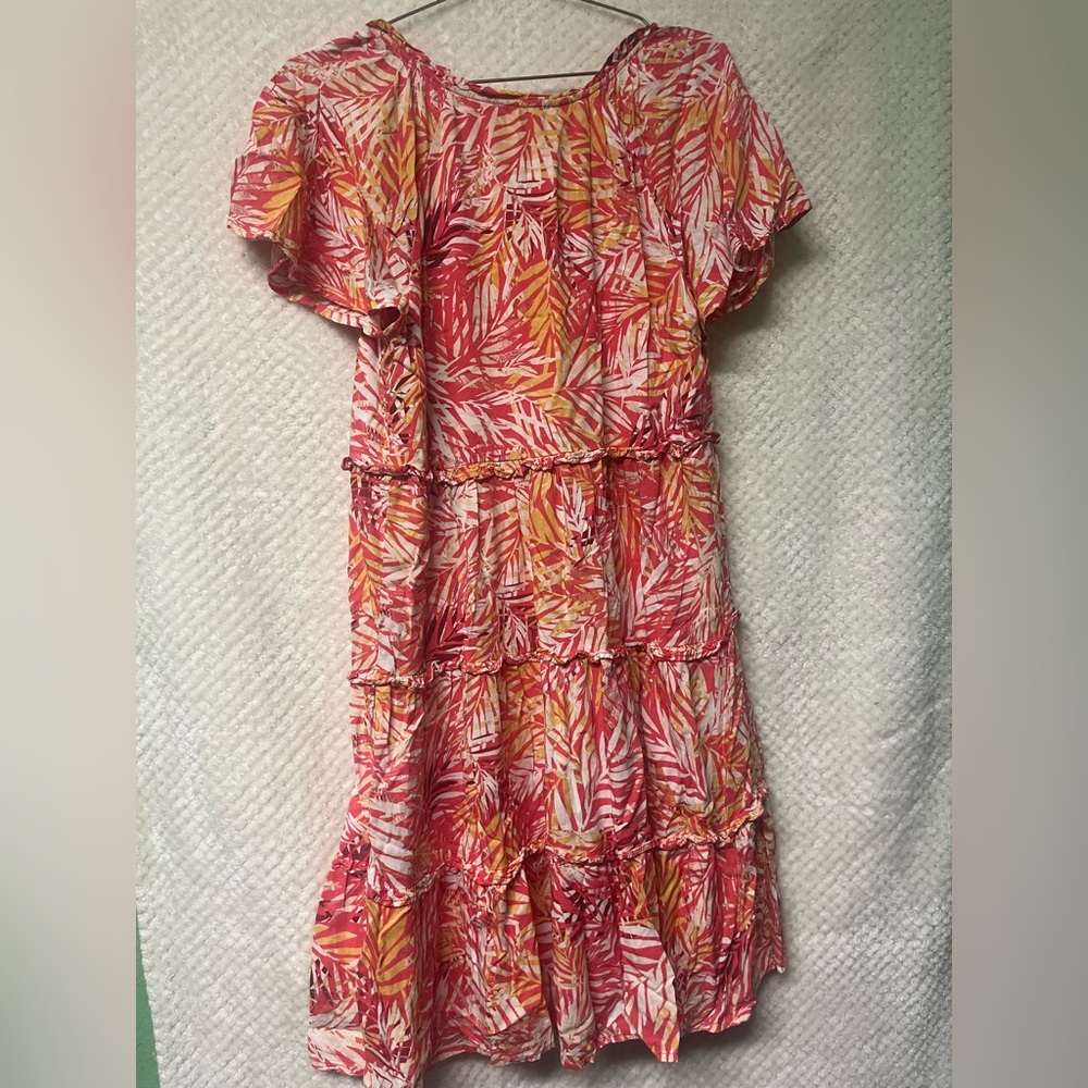 Beachlunchlounge Flutter Sleeve Leaf Print Pink Dress 100% Viscose Small - Picture 4 of 5